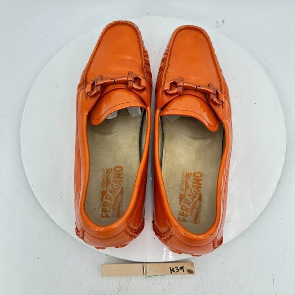 Salvatore Ferragamo Men Size 8.5M Orange Patent Leather Horsebit Loafer Shoes